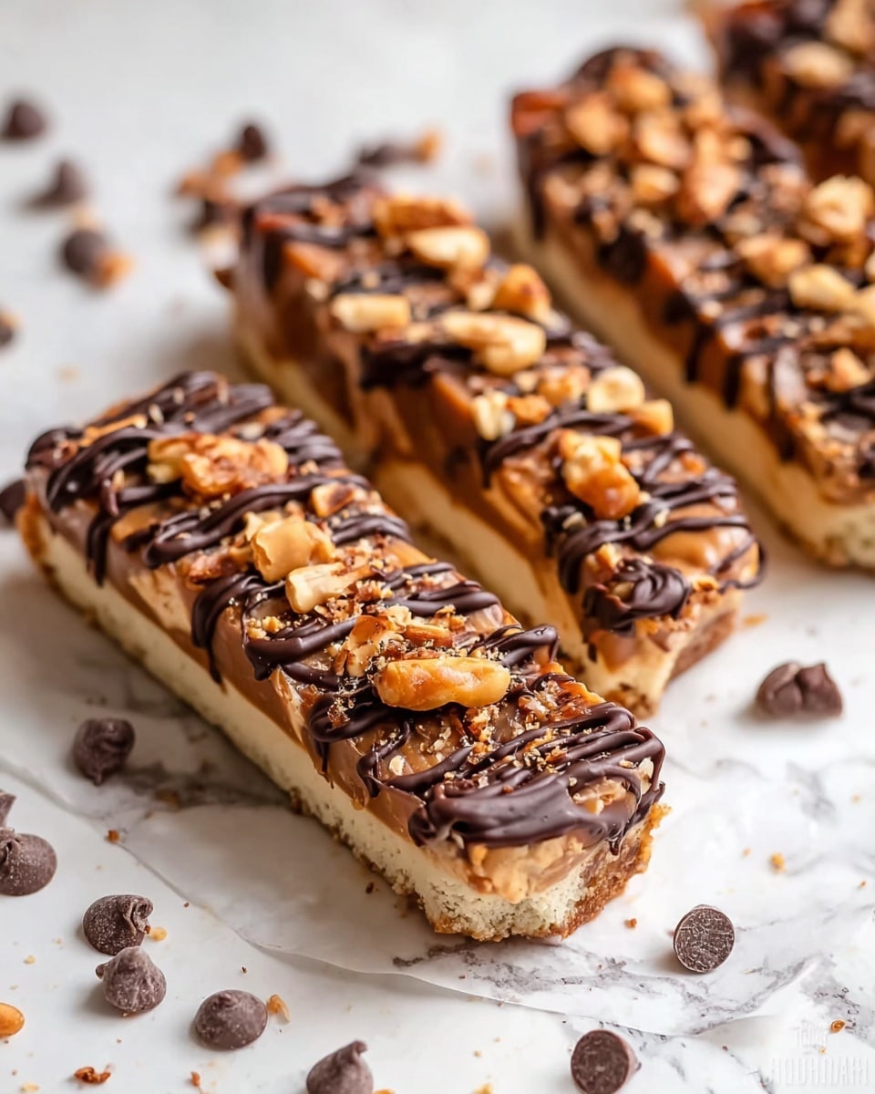 The image shows four rectangular dessert bars on a white marbled surface, each bar having three visible layers: a light beige base layer with a soft texture, a middle layer drizzled with light brown caramel, and a top layer covered in dark brown chocolate drizzle. On top of the chocolate are small pieces of crushed nuts, adding a crunchy texture. Scattered chocolate chips surround the bars, enhancing the visual appeal. The bars appear rich and indulgent, with the layers clearly defined and toppings generously spread. photo taken with an iphone --ar 4:5 --v 7