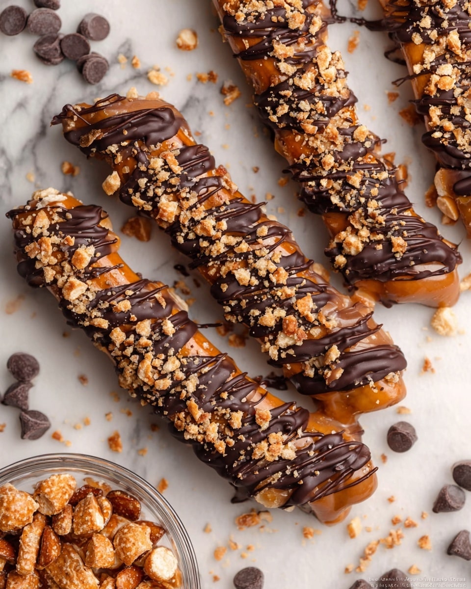 Three pieces of pretzel rods are covered in two thick layers: a smooth, shiny caramel layer underneath and a dark chocolate drizzle on top. Each rod is sprinkled with small crunchy pieces that add texture to the glossy layers. The pretzels are placed on a surface with a white marbled texture, surrounded by a few dark chocolate chips. Part of a clear glass bowl filled with more crunchy pieces is visible in the corner. Photo taken with an iphone --ar 4:5 --v 7