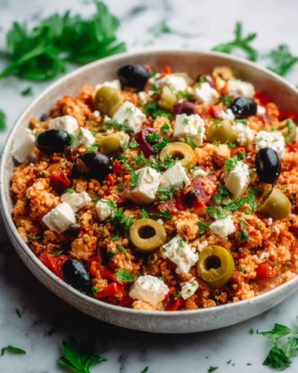 A black pan filled with a mix of cooked ground meat as the base layer, light brown in color with a crumbly texture. On top, scattered whole cherry tomatoes in bright orange and red hues, with some cut in half showing juicy interiors. Cubes of white feta cheese are evenly spread, adding a creamy texture and bright contrast. Glossy black olives are spread throughout, and fresh green herbs like parsley are placed on top as garnish. The pan is set on a white marbled textured surface with a few loose olives and herbs around. photo taken with an iphone --ar 4:5 --v 7