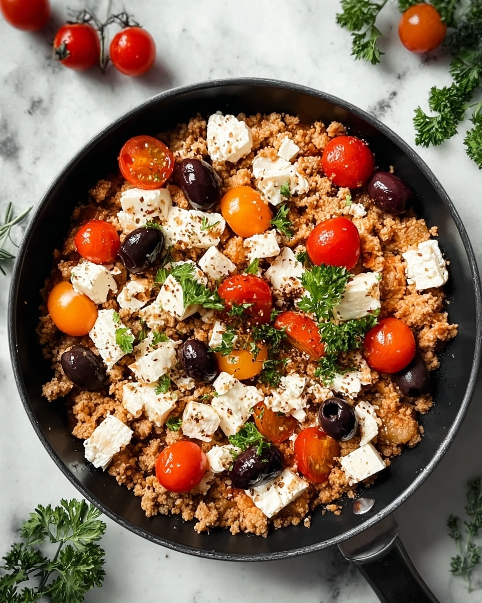 A white bowl filled with a colorful layered dish where the base consists of cooked grains mixed with finely chopped tomatoes and herbs. On top, there are scattered black and green olives, cubed white cheese, and bits of fresh green herbs adding brightness. The texture looks soft and moist with small chunks of vegetables visible throughout. The bowl sits on a white marbled surface with some green herbs placed around it for decoration. photo taken with an iphone --ar 4:5 --v 7
