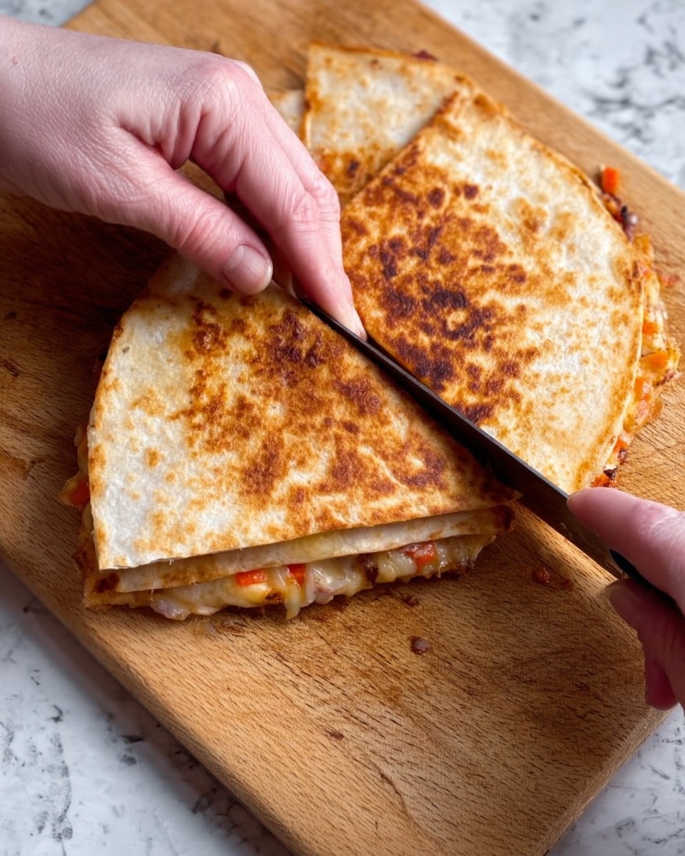 A toasted quesadilla is placed on a wooden cutting board, showing two layers of golden-brown crispy tortillas filled with visible melted cheese and small bits of vegetables mainly orange and green, peeking slightly from the edges. One half of the quesadilla is being cut with a knife, while a woman's hand is gently holding it steady. Another folded quesadilla sits untouched nearby. The whole setup is on a white marbled texture background. Photo taken with an iphone --ar 4:5 --v 7