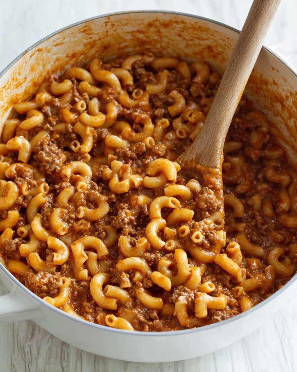 The image shows a white pot filled with a mixture of elbow macaroni pasta and ground beef cooked in a reddish-brown sauce. The macaroni is tender and coated in the thick sauce, with small pieces of beef evenly spread throughout. A wooden spoon is stirring the dense, hearty mix, showing the creamy texture of the sauce clinging to the pasta and meat. The pot is sitting on a white marbled surface. photo taken with an iphone --ar 4:5 --v 7