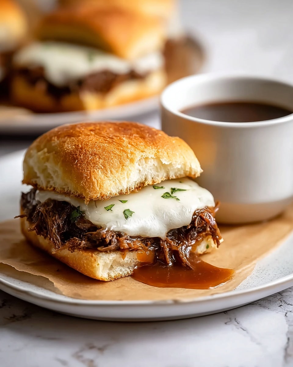 A close-up of a sandwich on a white plate with a layer of soft, golden-brown toasted sandwich bun on top and bottom. Inside, there is a thick layer of dark brown, shredded meat covered by a smooth, melted white cheese with small green herbs sprinkled on top. Some brown sauce is dripping from the bottom bun onto the parchment paper-lined plate. In the background, there is a white cup filled with dark brown sauce, and a blurred second sandwich. The entire scene is set on a white marbled texture. Photo taken with an iphone --ar 4:5 --v 7