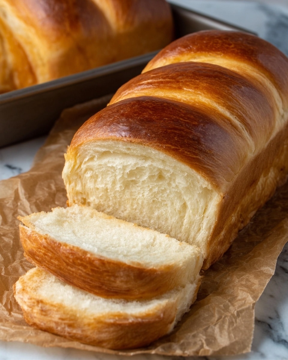 The image shows a fluffy loaf of bread with a shiny golden top, sitting on brown parchment paper over a white marbled surface. The loaf is soft and pillowy on the inside, with a light cream color and a fine, even texture. The crust is smooth and glossy, with a warm brown color that fades slightly at the edges. Two slices have been cut from the loaf, revealing the airy inside that contrasts with the firm, glossy crust on top. In the background, there is another loaf in a baking tray, also showing the same golden, shiny surface. photo taken with an iphone --ar 4:5 --v 7