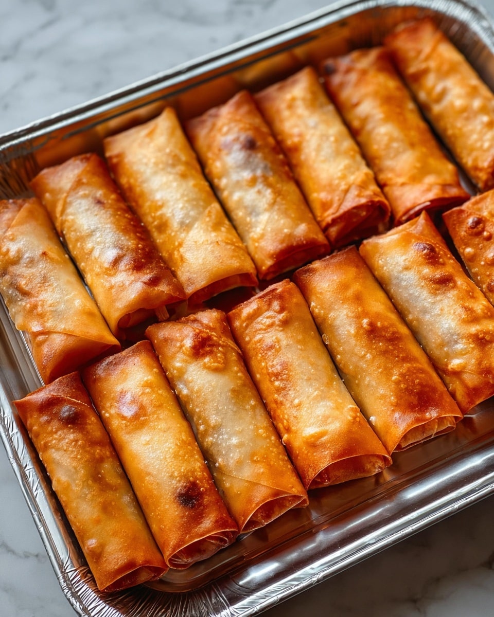 A tray lined with shiny aluminum foil holds two neat rows of golden-brown spring rolls, totaling fourteen pieces. Each spring roll has a crispy, slightly bubbly surface with varying shades of golden yellow and deeper brown spots from frying. The rolls are tightly wrapped with a smooth, thin outer layer showing slight creases and folds at the ends. The image captures the warm, crunchy texture and uniform shape of the spring rolls on a white marbled surface. photo taken with an iphone --ar 4:5 --v 7