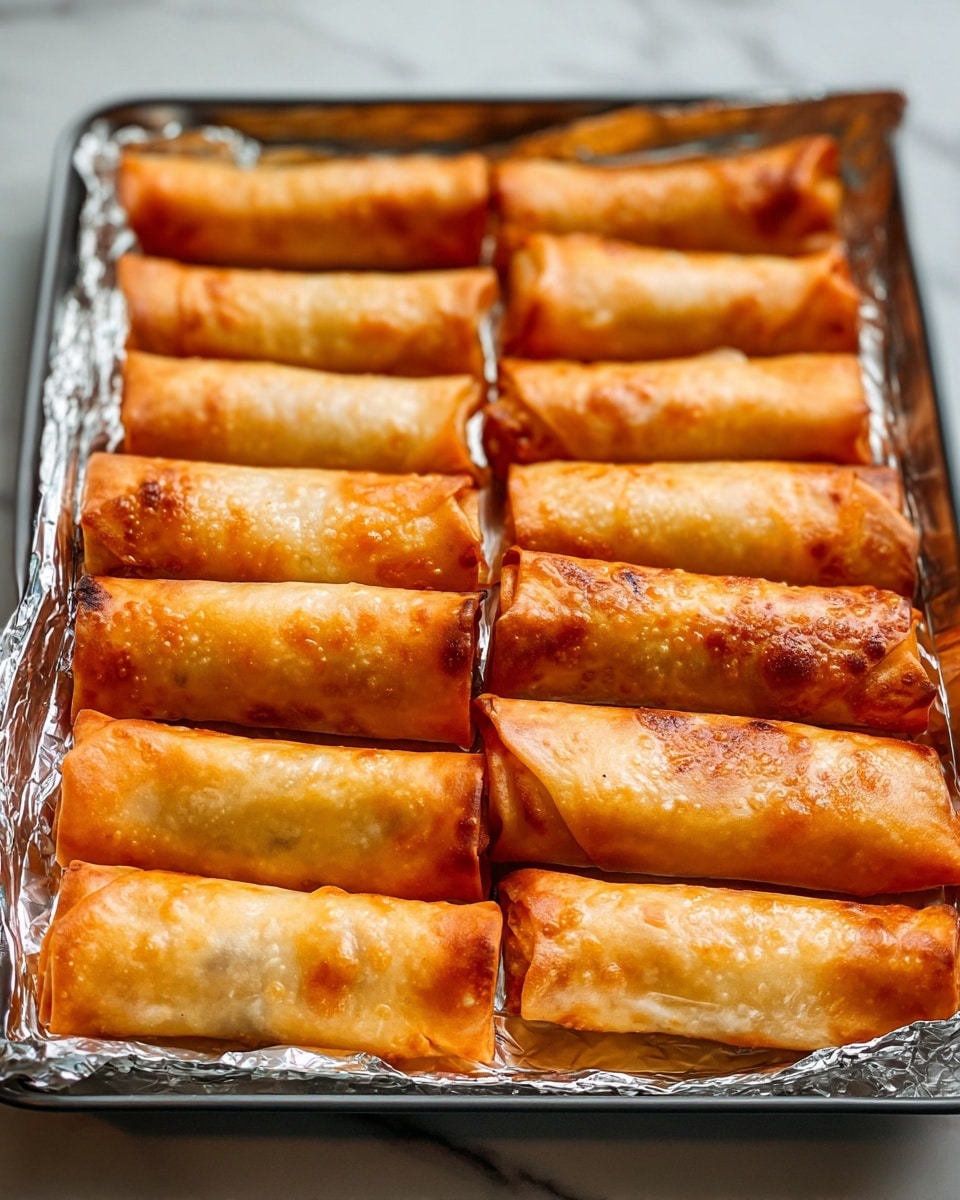A tray lined with shiny silver foil holds two neat rows of eleven golden brown spring rolls, each roll tightly wrapped in crispy, thin, slightly bubbled skin with a light variation of golden and amber hues. The spring rolls have a firm, crunchy texture on the outside with some darker toasted spots showing where they have baked evenly. The tray rests on a surface with a white marbled texture. photo taken with an iphone --ar 4:5 --v 7