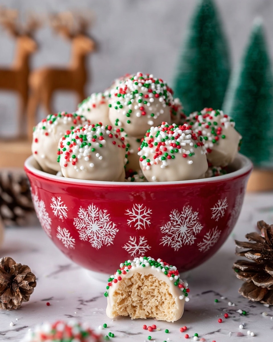 A white bowl with a red outer surface decorated with white snowflakes is filled with round treats coated in white chocolate. Each treat is topped with three-colored sprinkles in red, green, and white. One treat rests on top of the others, showing a bite taken out that reveals a light tan, rice crispy textured interior. The bowl sits on a white marbled texture surface scattered with some pinecones and sprinkles. In the background, there are blurred green decorative trees and wooden reindeer figures, adding a festive holiday feel. Photo taken with an iphone --ar 4:5 --v 7