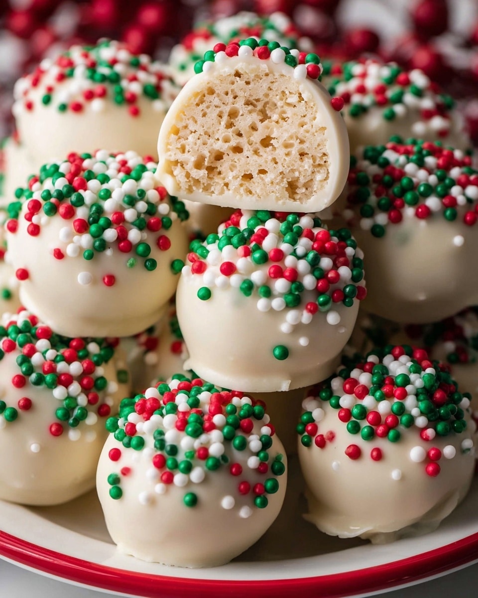 A close-up view of round treat balls covered in smooth white chocolate, each topped with a cluster of tiny red, green, and white round sprinkles on the upper half. One treat is cut in half and placed on top, showing the inside layer with a light beige, textured, crispy rice cereal filling. The balls are stacked together on a white plate with a red rim, set against a white marbled background. The light shines softly, highlighting the shiny chocolate coating and colorful sprinkles. Photo taken with an iphone --ar 4:5 --v 7