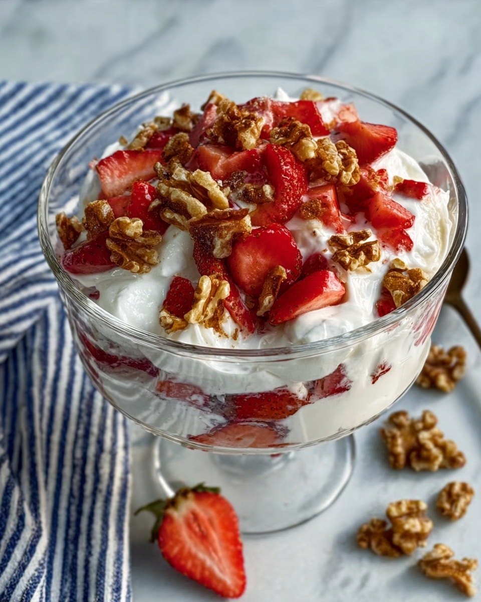 A clear glass bowl filled with a dessert showing three main layers: a bottom layer of white cream, a middle layer of red strawberry pieces, and a top layer of more white cream with fresh strawberry slices and brown walnut pieces scattered over it. The bowl sits on a white marbled surface with a striped blue cloth nearby and a few walnut pieces and a strawberry slice around it. A woman's hand is just touching the side of the bowl. Photo taken with an iphone --ar 4:5 --v 7