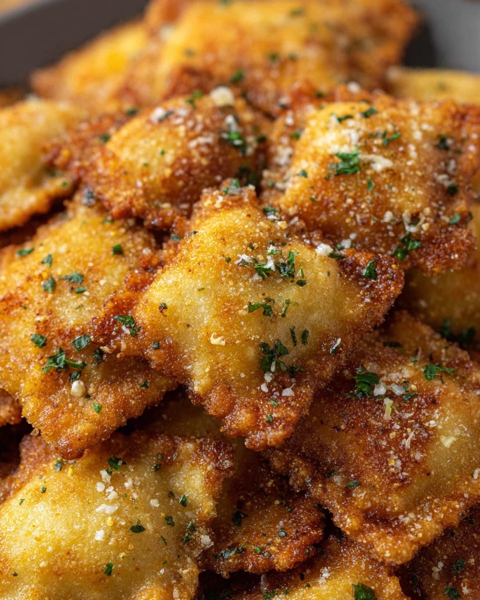 A close-up view of several golden brown fried ravioli piled together with a crispy, crunchy texture showing on each piece. The ravioli are coated with a light breading that has small bits of herbs and cheese sprinkled on top. Between the pieces are small flecks of green parsley scattered evenly, adding color contrast. The warm, fried edges of each ravioli show thin, flaky layers of dough with slight variations in color, from deeper brown at the edges to lighter golden in the center. photo taken with an iphone --ar 4:5 --v 7