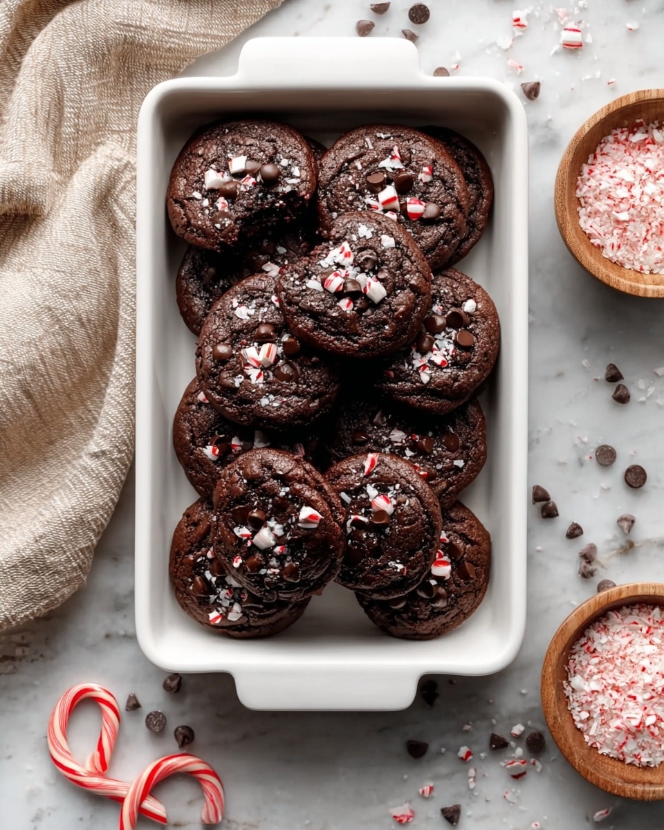 The image shows a close-up view of several dark brown, soft chocolate cookies arranged closely together on a white plate. Each cookie has a slightly cracked surface with glossy, melty chocolate chips on top, and they are sprinkled with small pieces of crushed red and white peppermint candy. One cookie in the center has a bite taken out, revealing a dense and moist chocolate inside. A red and white striped candy cane lies beside the cookies on the plate, all set on a white marbled surface. photo taken with an iphone --ar 4:5 --v 7