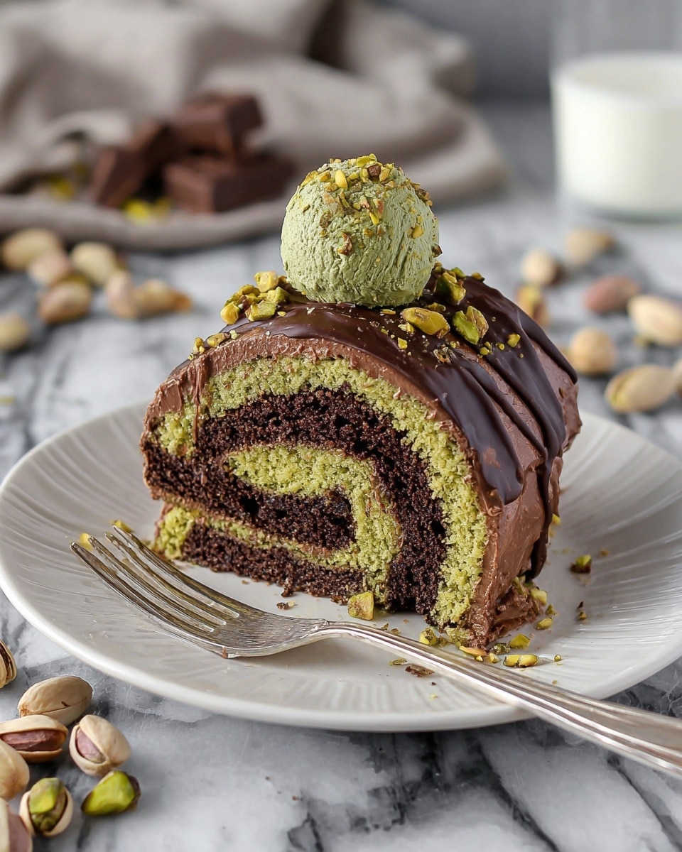 A slice of a rolled chocolate and green cake sits on a white plate with a silver fork. The cake has four visible layers: a dark chocolate sponge cake on the outside and inside, alternating with a green pistachio cream filling, all rolled tightly. The top is covered with a thick layer of smooth chocolate frosting, topped by a glossy dark chocolate ganache that drips slightly down the sides. On top of the ganache sits a round ball of green pistachio cream, with small pieces of pistachios sprinkled around it. The plate is placed on a white marbled surface with scattered whole pistachios and chocolate chunks nearby. A glass of milk is blurred in the background. photo taken with an iphone --ar 4:5 --v 7