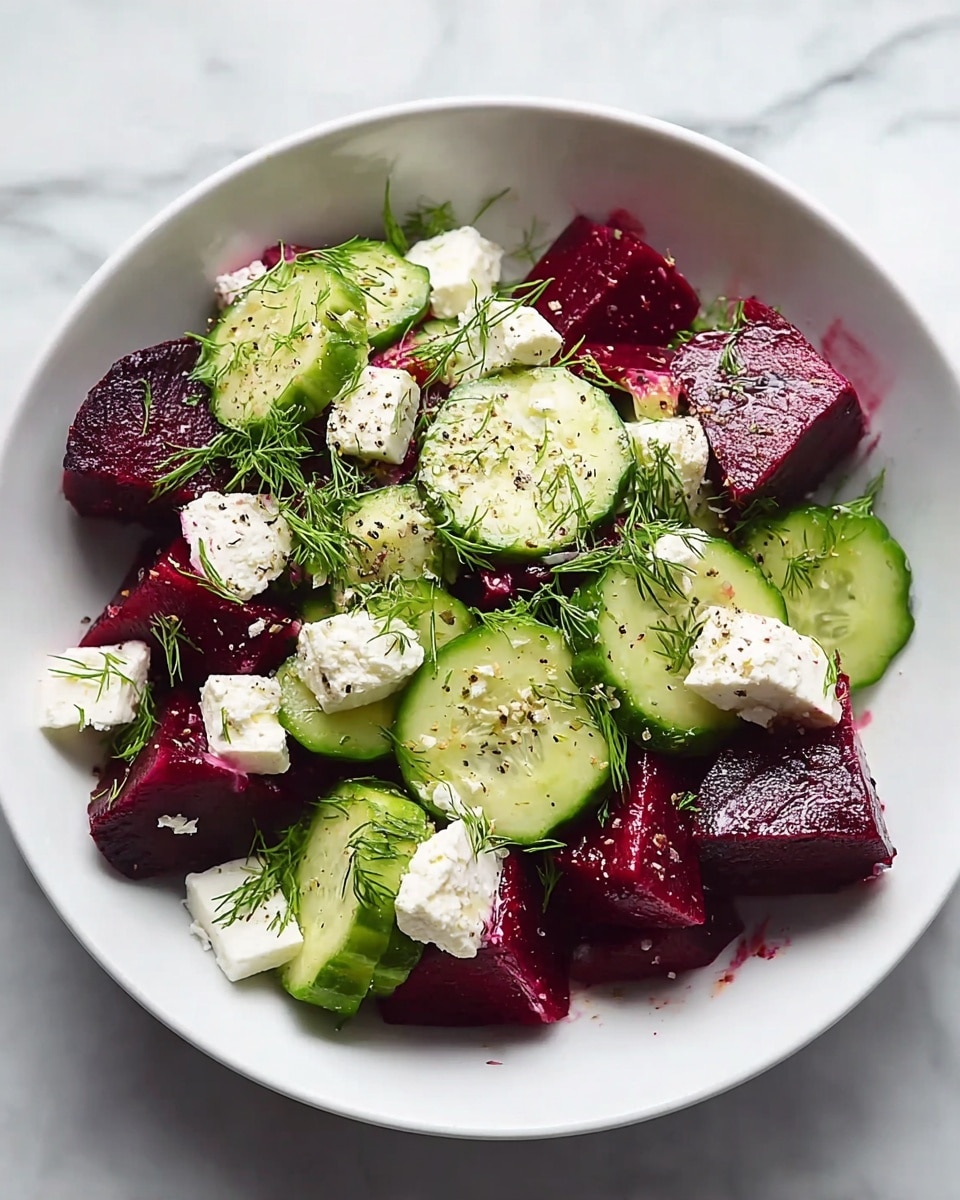 A white bowl sits on a white marbled texture surface, filled with a fresh salad. The bottom layer has large chunks of dark red beetroot, giving a deep color and smooth texture. On top of this are slices of light green cucumber with dark green edges, showing moist, slightly translucent flesh. There are also white cubes and small crumbles of soft cheese scattered through the salad. Finely chopped green dill sprigs are spread over the top, adding a light, feathery texture. The salad is lightly sprinkled with black pepper and small salt grains. photo taken with an iphone --ar 4:5 --v 7