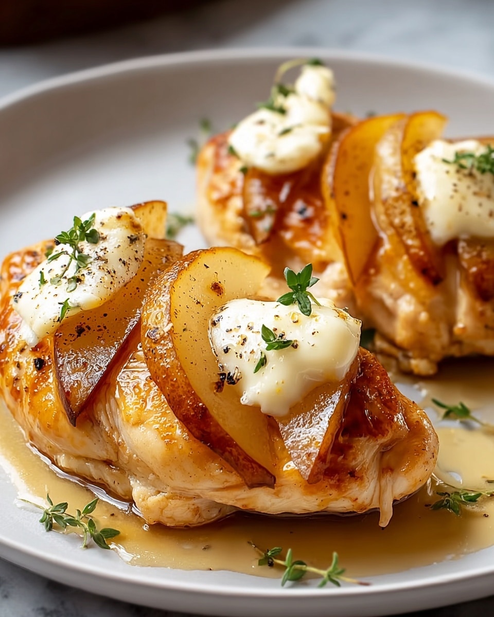 Two pieces of cooked chicken breasts sit on a white plate with a soft shiny glaze. Each piece has thin slices of caramelized golden-brown pears layered on top, slightly fanned out with edges darkened to a golden crisp. On one piece, there is a dollop of creamy white butter melting, garnished with small green herb leaves and specks of black pepper. A light sauce pools slightly around the chicken, adding a glossy look. The white marbled surface is blurred in the background. Photo taken with an iphone --ar 4:5 --v 7