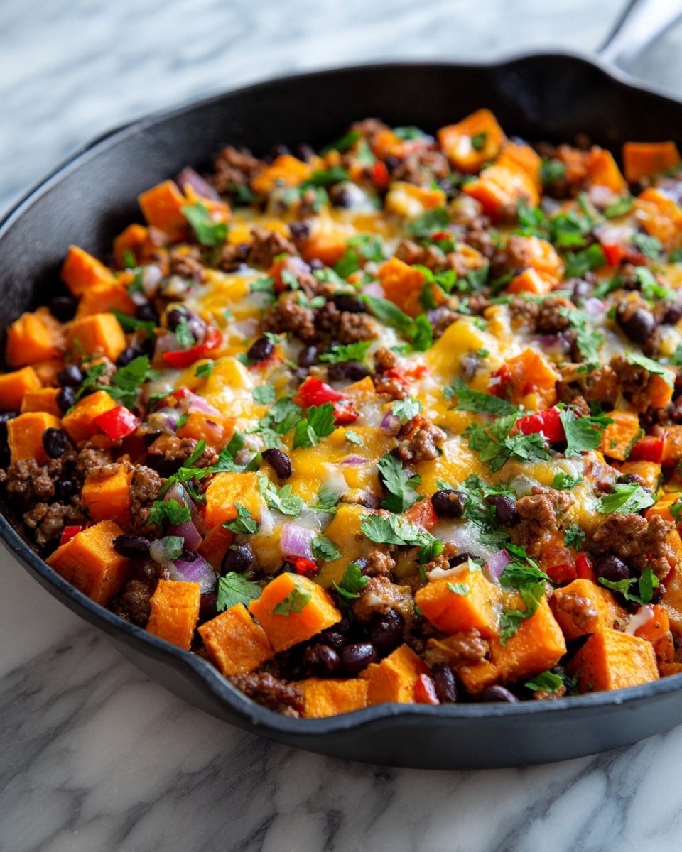 This dish shows a close-up of a cooked mix in a white bowl, with a close view of layers. The bottom layer has crumbly cooked ground meat, dark red kidney beans, and small pieces of red onion. On top are big cubes of bright orange roasted sweet potatoes with a slightly crispy texture. Thin melted cheese strings spread unevenly over the meat and sweet potatoes, creating a creamy look. The whole dish is sprinkled with fresh chopped green cilantro leaves adding a fresh touch. The bowl is set on a white marbled texture surface. photo taken with an iphone --ar 4:5 --v 7