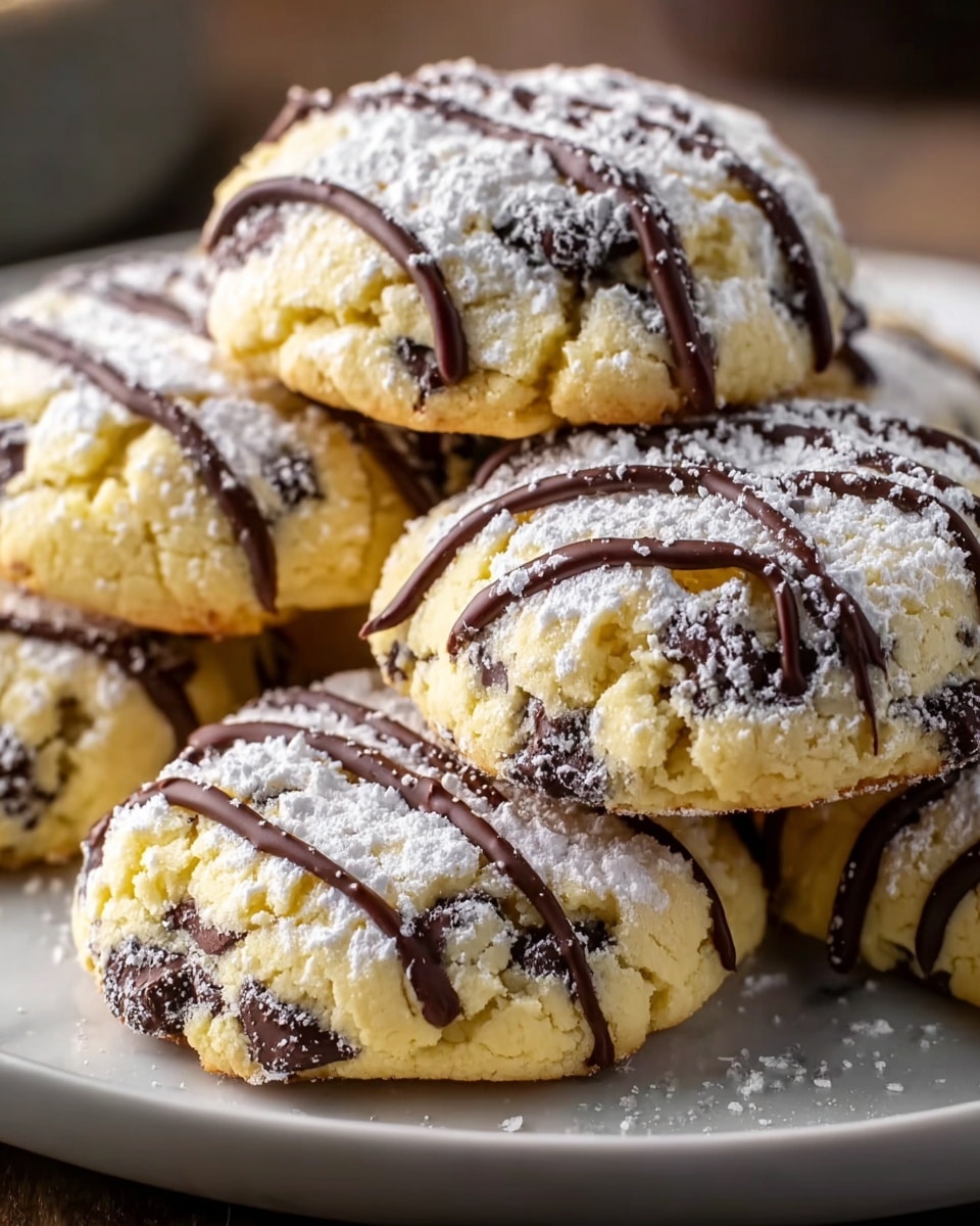 The image shows a close-up view of five soft, round cookies stacked on a white plate. Each cookie is golden brown with a slightly crumbly texture and is dotted with small dark chocolate chips throughout. On top, there are thick, uneven drizzles of dark chocolate sauce creating vertical lines, and a light dusting of white powdered sugar covers the surface and some of the plate. The cookies have a warm, homemade look and appear soft and chewy. The background is a white marbled texture. Photo taken with an iphone --ar 4:5 --v 7