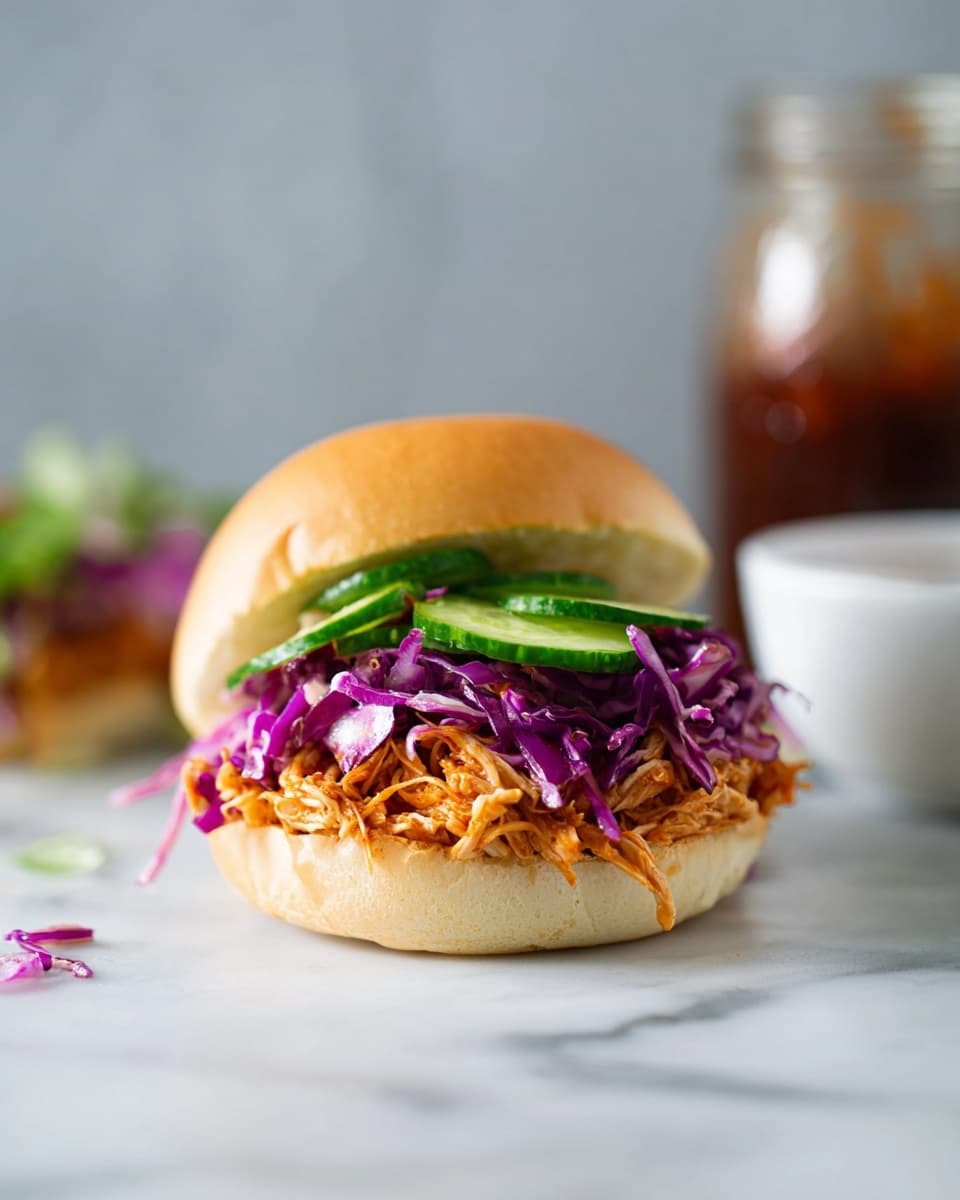 A pulled chicken sandwich is shown on a white bun with three visible layers. The bottom layer is tender, shredded orange-brown pulled chicken, topped by a layer of vibrant purple shredded cabbage with a slight shine, and slices of fresh green cucumber resting above the cabbage. The sandwich is neatly placed on a white marbled surface with a blurred background showing a jar and a white bowl. Photo taken with an iphone --ar 4:5 --v 7