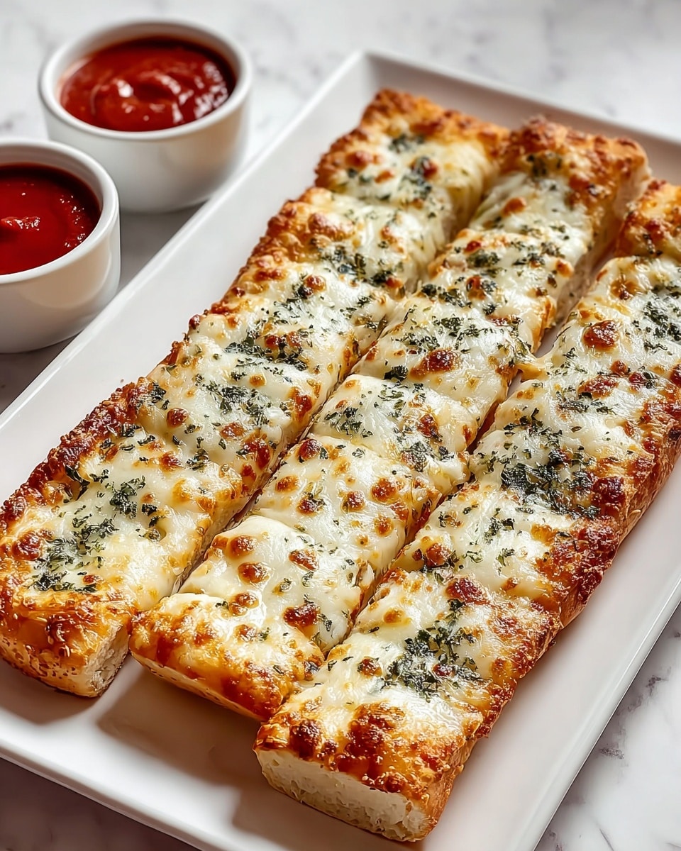 Four long, rectangular breadsticks with a golden-baked crust layer on the bottom, topped with a thick layer of melted white cheese that has brown, bubbly spots, sprinkled with small dark green herb flakes all over. They are laid side by side on a white rectangular plate, with two small white round bowls of red marinara sauce in the top left background. The background surface is a white marbled texture. photo taken with an iphone --ar 4:5 --v 7
