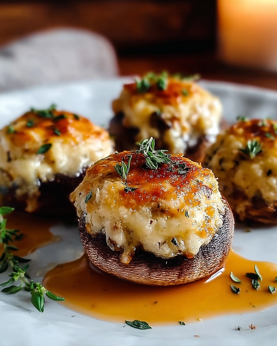 A close-up of three stuffed mushrooms placed on a white plate above a white marbled surface, each mushroom cap dark brown with a slightly rough texture, filled with a layer of creamy, golden-brown topping that appears crispy on top with small bits of herbs sprinkled over in green. The filling is thick and textured, with melted cheese and finely chopped ingredients visible, slightly dripping onto the plate. The background is softly blurred with hints of green, highlighting the front mushroom in sharp focus. Photo taken with an iphone --ar 4:5 --v 7