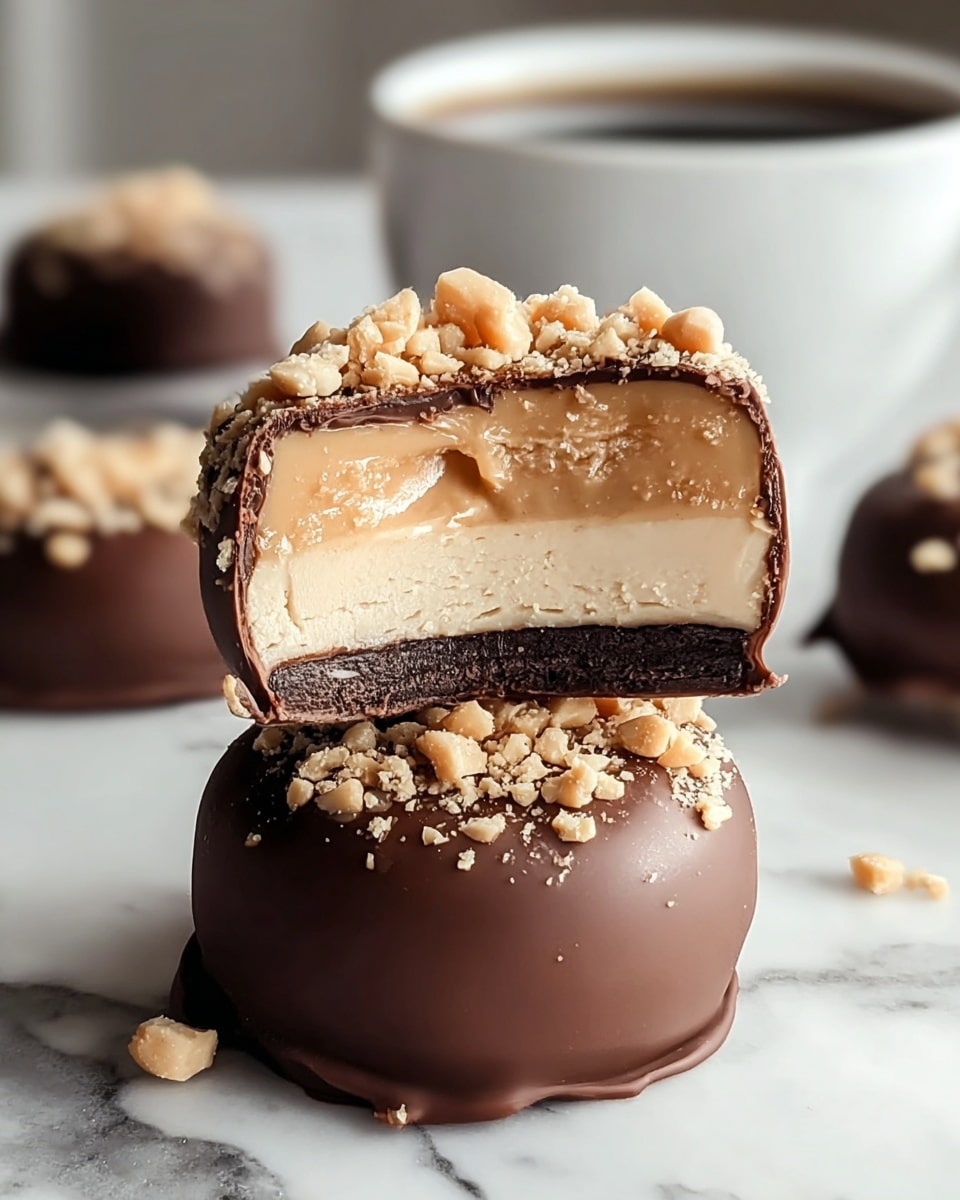 Two round chocolate-covered treats stacked on a white marbled surface, the top one is cut in half showing three layers: an outer smooth milk chocolate layer, a thick creamy beige middle layer, and a thin dark chocolate layer at the base. Both treats are topped with crushed light brown peanut bits. In the background, a white cup with dark liquid is slightly out of focus, adding depth to the image. photo taken with an iphone --ar 4:5 --v 7