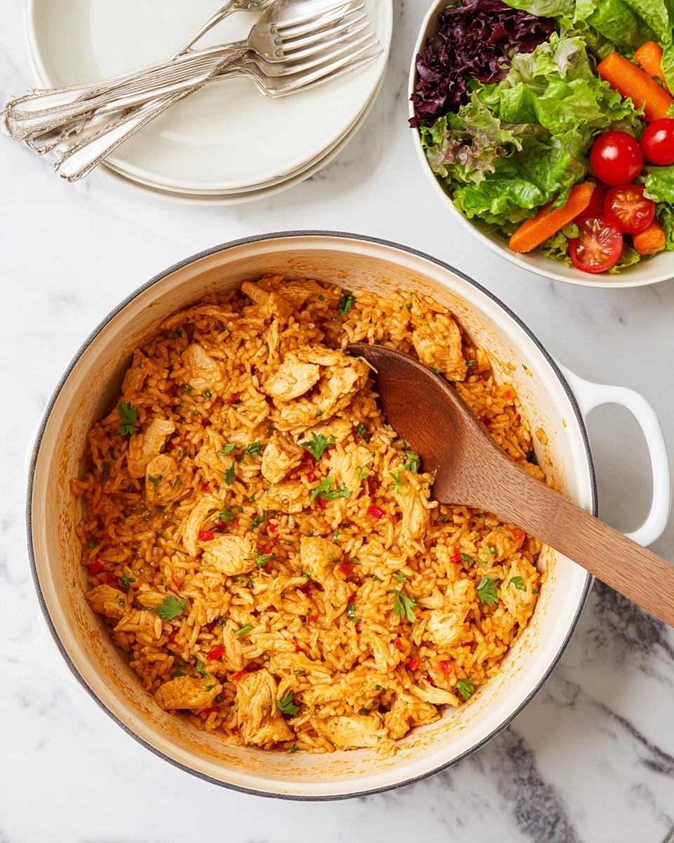 A large white pot filled with a one-layer dish of orange-colored rice mixed with pieces of cooked chicken and small bits of red and green herbs, giving a textured and slightly moist look, with a wooden spoon resting inside the pot. Nearby, a white bowl sits filled with a fresh salad of green and purple lettuce leaves, cherry tomatoes, and baby carrots scattered on top. Next to the pot, there is a stack of white plates with two silver forks resting on the top plate. All items are placed on a white marbled surface. Photo taken with an iphone --ar 4:5 --v 7
