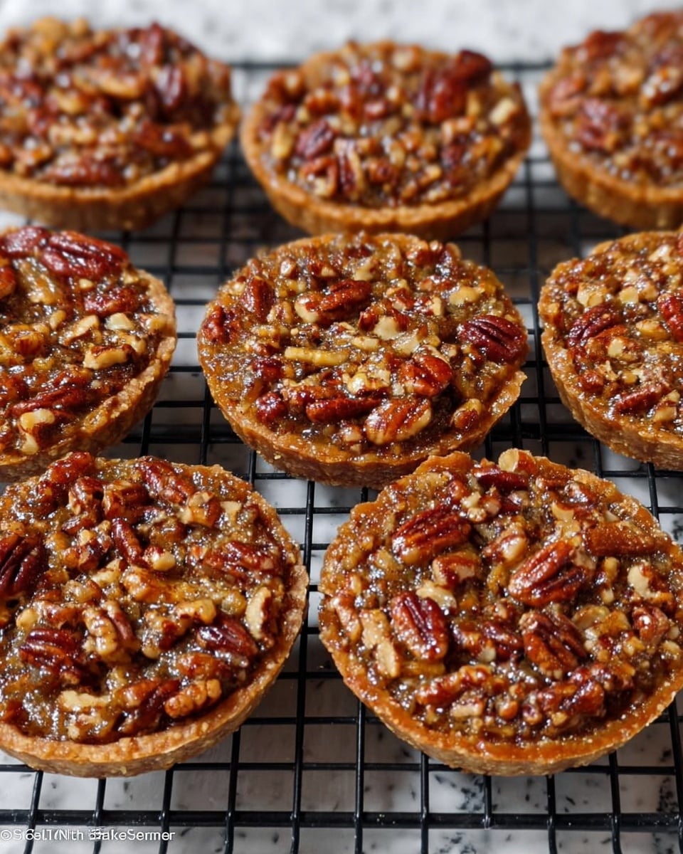 The image shows a group of small pecan pies arranged closely on a black cooling rack. Each pie has one visible layer, consisting of a golden brown crust topped with a thick layer of caramelized chopped pecans that are shiny and textured. The pecans vary in shades of rich brown and tan, covering the pie surface evenly with some pieces overlapping. The cooling rack sits on a white marbled surface in the background, highlighting the warm colors of the pies. photo taken with an iphone --ar 4:5 --v 7