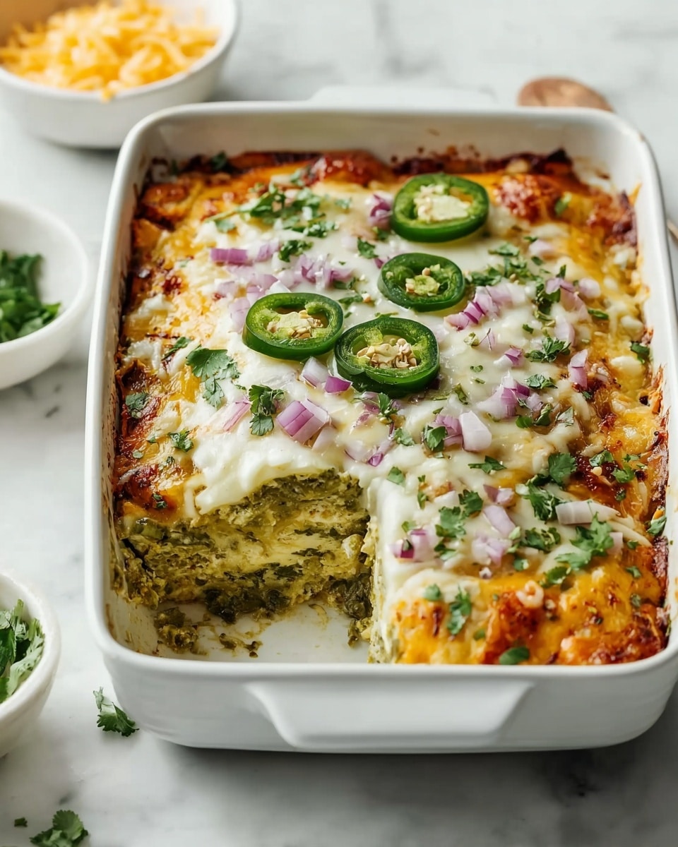 A white rectangular dish holds a layered baked casserole with three visible layers. The bottom layer looks like a creamy mixture with a green tint, possibly containing herbs or vegetables. The middle layer is covered with melted golden and white cheese that is slightly browned and bubbly around the edges. On top, there are slices of bright green jalapeño peppers, small pieces of purple-red onion, and fresh green cilantro leaves scattered across the surface. The dish sits on a white marbled surface with soft natural lighting. photo taken with an iphone --ar 4:5 --v 7