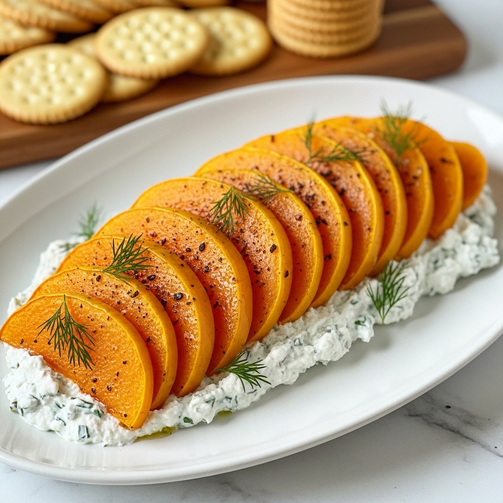 The dish shows a sliced, roasted orange vegetable, likely butternut squash, arranged in a curved, layered form on a white oval plate. The slices are cut thick and fanned out evenly, each piece showing a glistening orange surface with hints of seasoning and fresh green dill sprinkled on top. Beneath the squash is a creamy white spread with hints of herbs mixed in, providing a soft base with a smooth texture. In the background, there are stacks of round crackers on a wooden surface, softly blurred to keep focus on the colorful squash dish. The overall scene rests on a white marbled texture. photo taken with an iphone --ar 4:5 --v 7