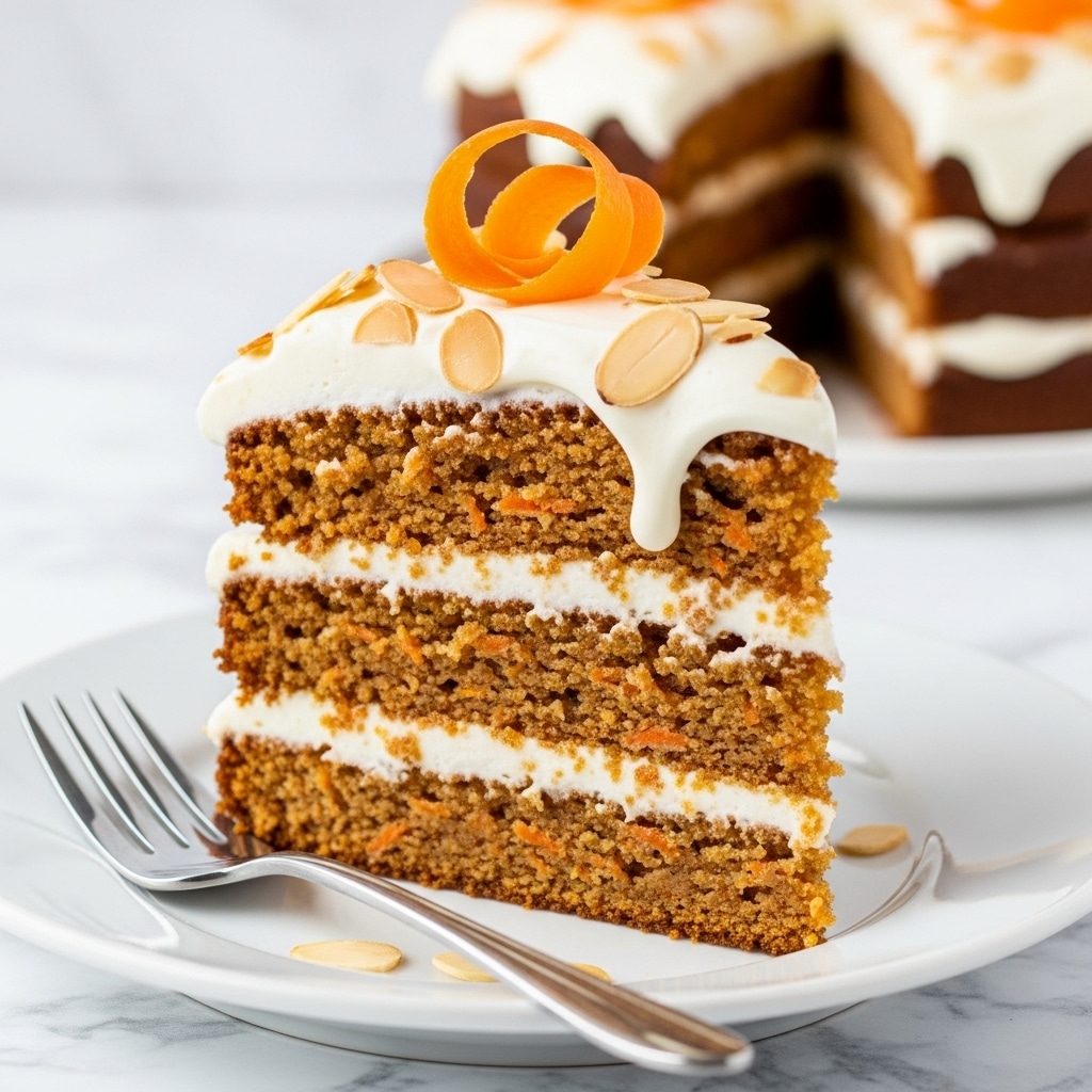 A slice of three-layer carrot cake sits on a white plate with a silver fork beside it. Each cake layer is a moist, golden-brown texture with small bits of carrot visible within. Between the layers and on top, thick white cream cheese frosting is spread generously, slightly dripping over the edges. A bright orange carrot peel curl is placed on top as decoration, and thin almond slices are scattered on the frosting and plate. The background is softly blurred with a white marbled texture surface underneath. Photo taken with an iphone --ar 4:5 --v 7