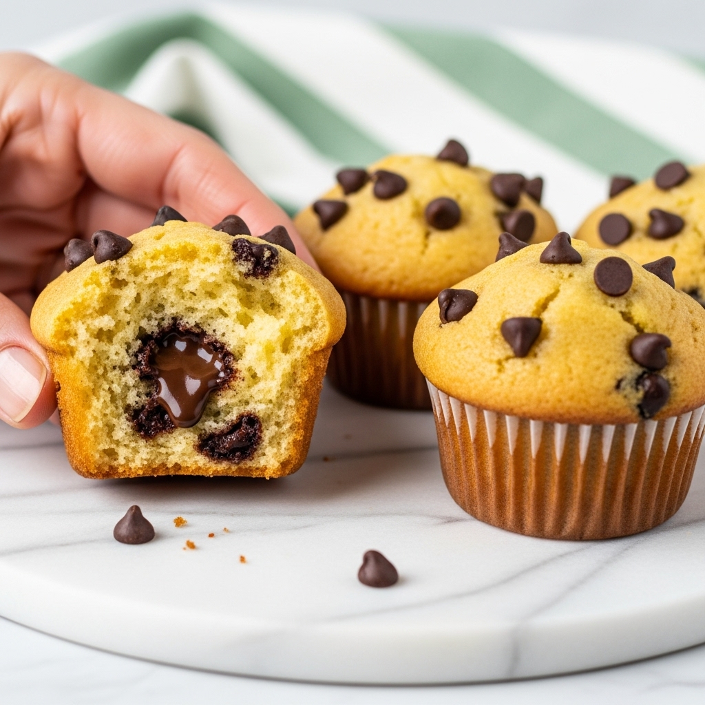 A close-up of a woman's hand holding a broken chocolate chip muffin, showing its soft yellow inside with melted chocolate chips. Next to it are three whole muffins with golden-brown tops and scattered dark chocolate chips. The muffins sit on a white marbled surface, with a green and white striped cloth blurred in the background. photo taken with an iphone --ar 4:5 --v 7