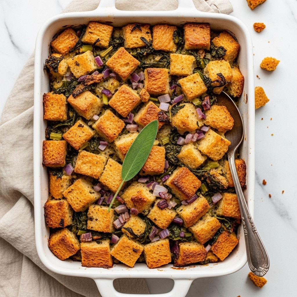 A white rectangular baking dish filled with a baked stuffing made of golden brown, crispy bread cubes mixed with small pieces of red onion and wilted green herbs scattered throughout. The dish has a slightly uneven texture with some bread cubes more toasted on top and a creamy, moist interior visible where a silver spoon rests inside, capturing a scoop. A few bread pieces are broken off and placed beside the dish on a beige cloth, all set on a white marbled surface. Photo taken with an iphone --ar 4:5 --v 7