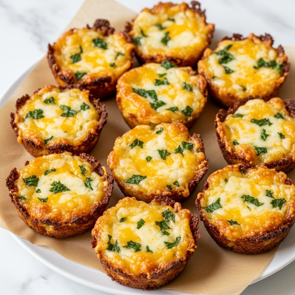 A white plate holds eight golden brown, crispy cheese bites arranged in a close cluster. Each bite is roughly round with uneven, crinkled edges that are darker brown, showing a crunchy texture. The top surface of each bite is a mix of melted white and yellow cheese with small green herb pieces spread throughout, giving a slightly glossy and bubbly look. The bites rest on a light brown parchment paper, adding texture beneath them, all set against a white marbled background. photo taken with an iphone --ar 4:5 --v 7