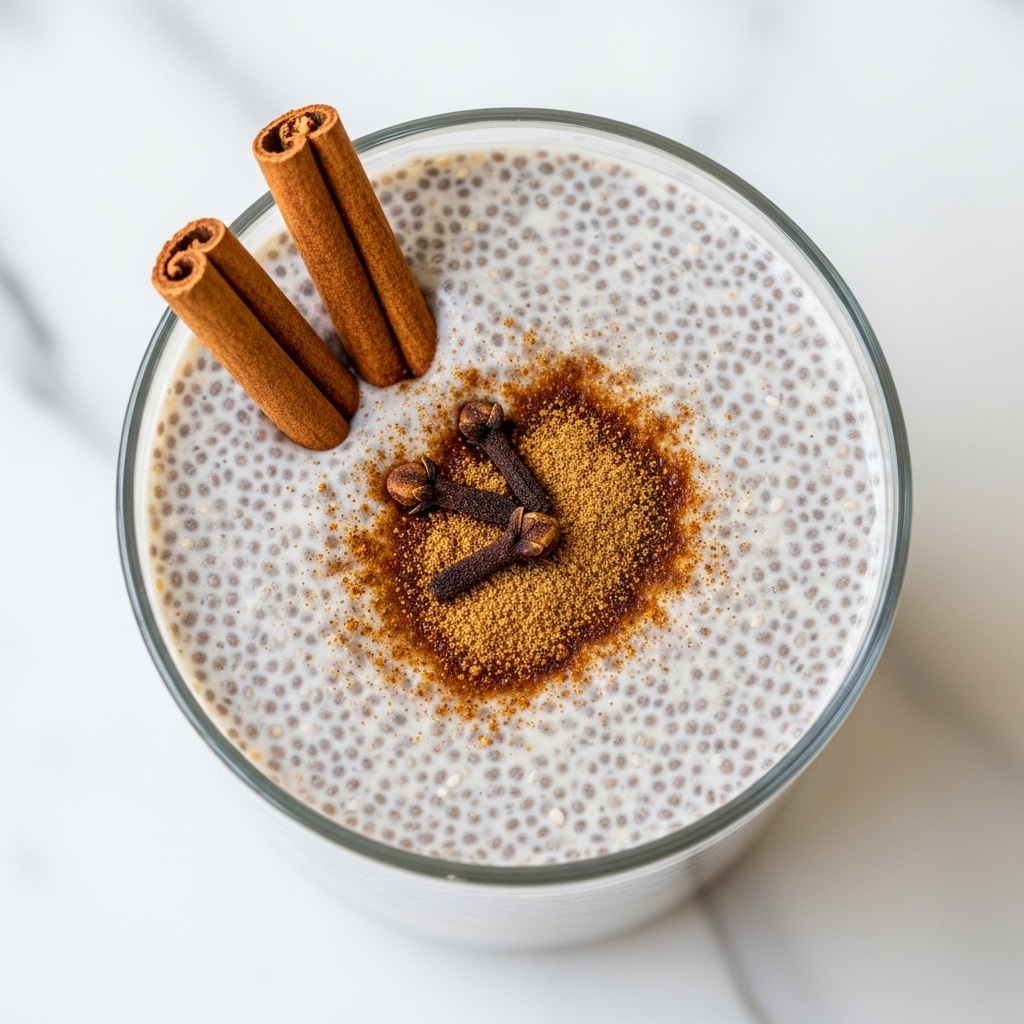 The image shows a close-up top view of a glass filled with a creamy chia seed pudding, displaying a thick layer of white chia seeds suspended in a light beige creamy base. On the surface, there are two dark brown cinnamon sticks placed diagonally on one side, with a few whole cloves and brownish spice powder scattered around in the center. The pudding looks smooth and dense with tiny chia seed textures visible throughout. The glass sits on a soft, white marbled texture background. photo taken with an iphone --ar 4:5 --v 7