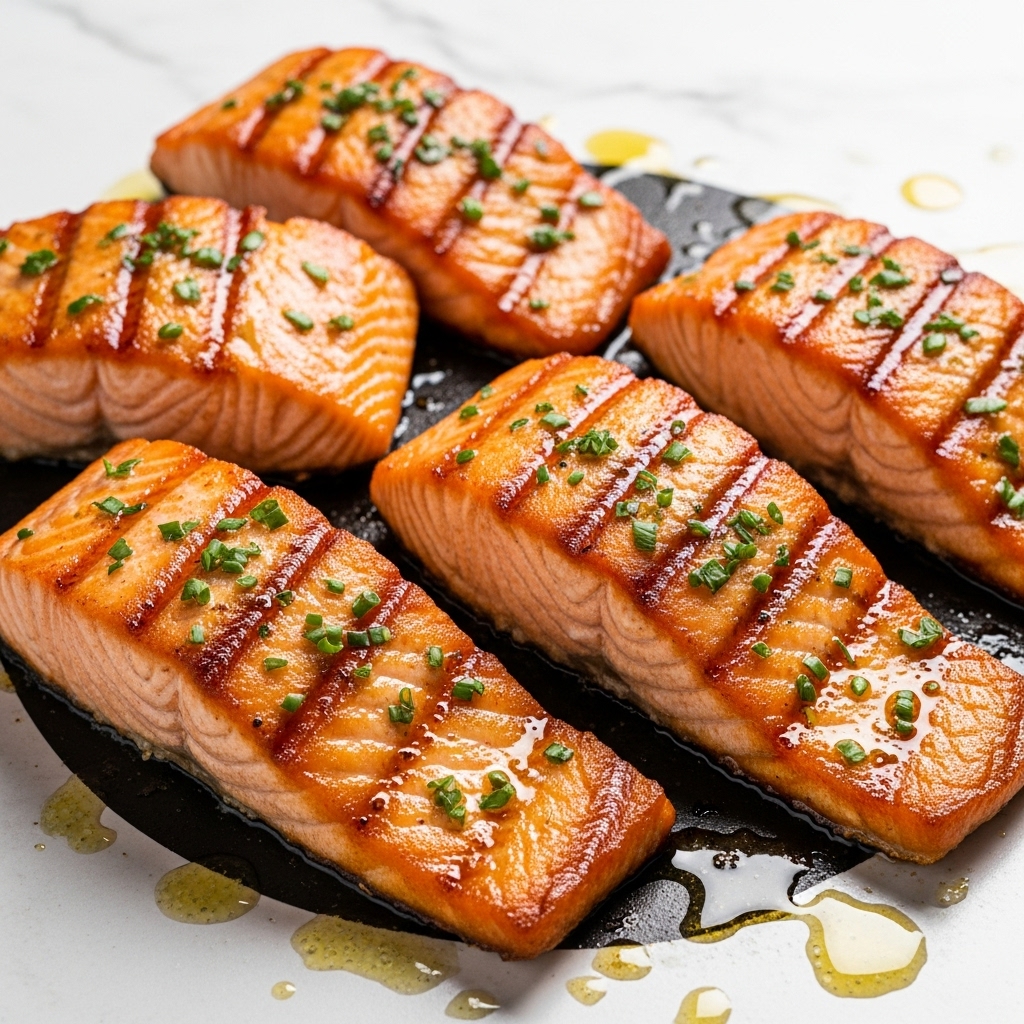 Four pieces of cooked salmon fillets are shown in a close-up image, all lined up next to each other in a black pan. Each fillet has a golden brown, slightly crispy skin on top with visible grill marks and is sprinkled with small green herbs. The salmon's flesh is a bright orange-pink color with a moist and tender texture. There are small pools of cooking oil or melted butter around the fillets, giving a shiny look. The background is a white marbled texture. photo taken with an iphone --ar 4:5 --v 7