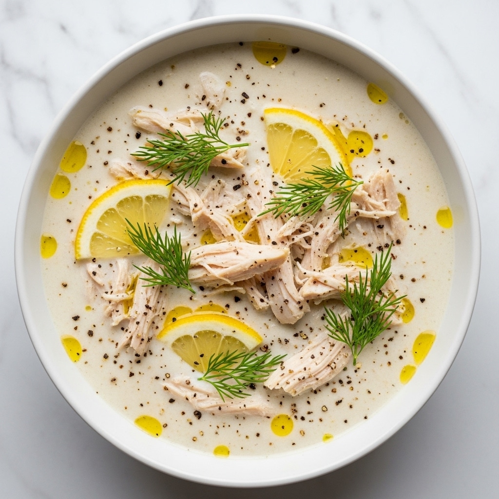 A bowl of creamy white soup with visible shredded chicken pieces in light beige scattered throughout. There are small lemon wedges with bright yellow rind placed on the surface, adding a pop of color. Fresh green dill sprigs lightly garnish the soup, creating a contrast with the creamy base. Tiny black specks of pepper are evenly sprinkled on top. The soup has a slightly oily sheen with some glistening drops of oil. The soup is served in a white bowl set on a white marbled texture background. photo taken with an iphone --ar 4:5 --v 7