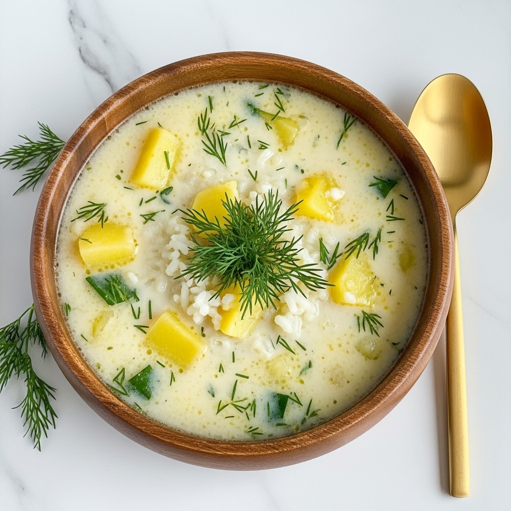 A creamy soup is served in a deep wooden bowl sitting on a white marbled surface, filled almost to the top with a smooth, pale yellowish-white broth. Floating within the broth are soft chunks of light yellow potato and small bits of white rice, adding texture to the soup. Bright green fresh dill leaves are scattered on the surface and a small bunch of dill is placed in the center as a garnish. The bowl is placed beside a golden spoon, adding a warm rustic touch to the presentation. Photo taken with an iphone --ar 4:5 --v 7