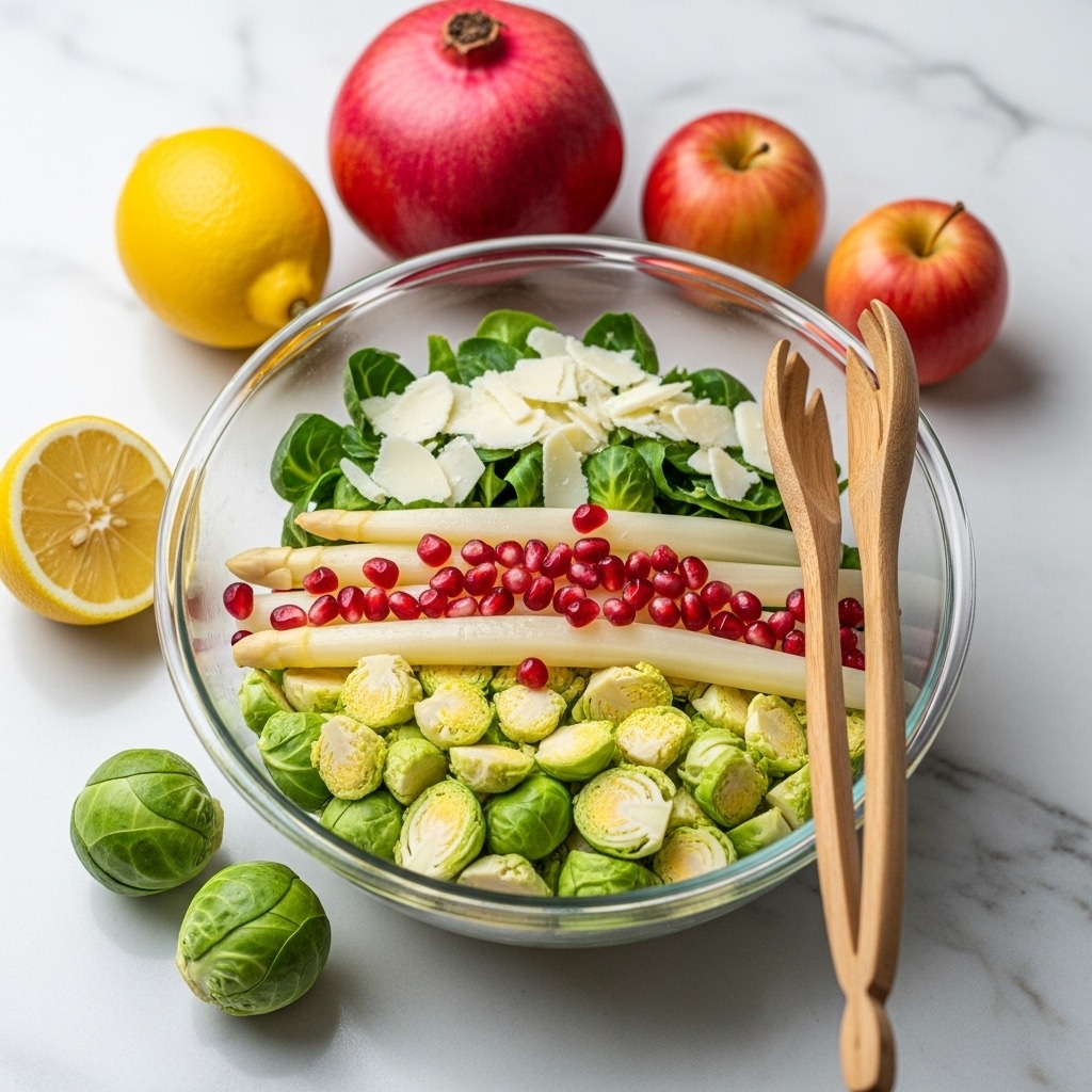 A clear glass bowl placed on a white marbled textured surface holds a fresh salad with several layers: at the bottom are chopped pale green Brussels sprouts, topped with thin slices of white asparagus and scattered red pomegranate seeds. Among the greens are shavings of white cheese adding a creamy texture and light contrast. On the side of the bowl, a pair of wooden salad tongs rest. Around the bowl on the white marbled surface are a bright yellow lemon, a deep red pomegranate, a small red apple, and two green Brussels sprouts. The scene is softly lit, showing the mix of fresh colors and textures photo taken with an iphone --ar 4:5 --v 7