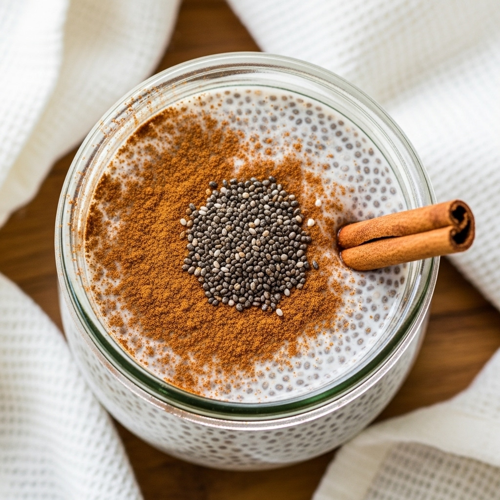 A close-up top view of a creamy chia seed pudding in a clear glass jar, with the pudding showing a pale beige color dotted with small black chia seeds, topped with a light dusting of cinnamon powder and a sprinkle of chia seeds in the center. A brown cinnamon stick is partially dipped into the pudding from the right side. The jar sits on a wooden surface with white textured cloth pieces around it, layered softly in the background. Photo taken with an iphone --ar 4:5 --v 7