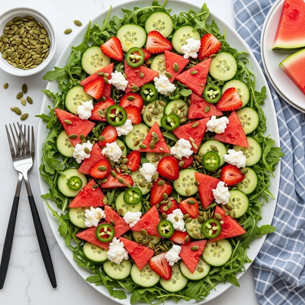A large dark oval plate filled with a colorful salad sits on a white marbled surface. The salad has three main layers: the base consists of fresh green leafy arugula, scattered with thin cucumber slices that have a light green color with darker green edges. On top are bright red triangular pieces of watermelon and sliced strawberries, adding a vivid splash of red and pink. Small white dollops of soft cheese are spread unevenly across the salad. Between the layers, green seeds and thin slices of green chili peppers provide texture and contrast. A woman's hand is seen holding a golden salad fork at the bottom left corner, ready to serve. Photo taken with an iphone --ar 4:5 --v 7