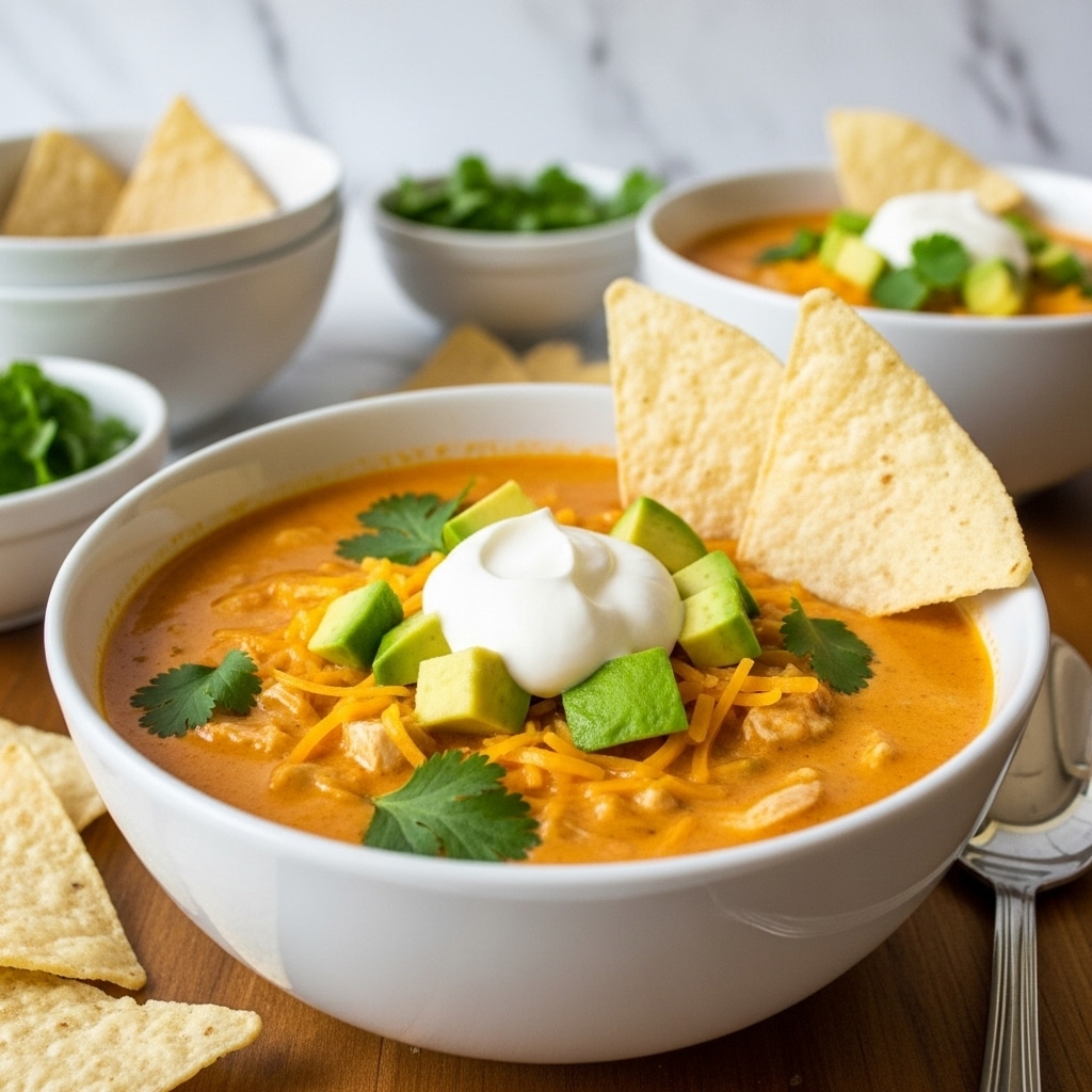 The image shows a white bowl filled with a creamy, orange-colored soup topped with shredded cheese, diced green avocado pieces, a dollop of white sour cream placed in the center, and a few fresh green cilantro leaves scattered on top. Two triangular beige tortilla chips are standing upright on the right side of the bowl. The bowl sits on a wooden table with more tortilla chips and a silver spoon near it, while other similar bowls and a small bowl of green garnish appear blurred in the background. The scene is bright and cozy, with a white marbled texture background. photo taken with an iphone --ar 4:5 --v 7