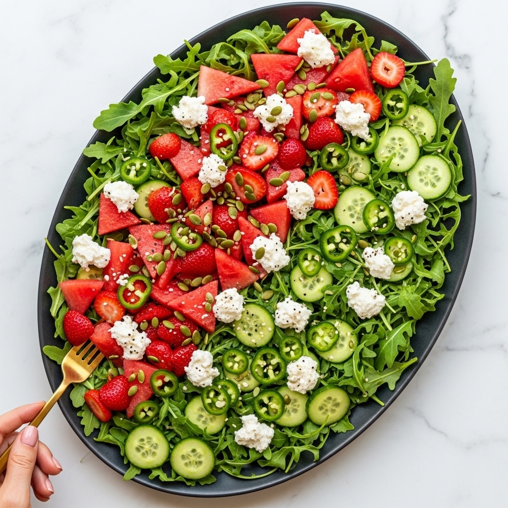 A large white oval plate filled with a fresh salad on a white marbled surface. The bottom layer is leafy green arugula spread evenly across the plate. On top of the greens are many thin cucumber slices forming a cool green base. Triangular red watermelon pieces and sliced strawberries add bright red pops over the cucumbers. Scattered dollops of soft white cheese create a creamy texture contrast among the fruit. Thin green slices of jalapeño pepper are spread evenly for small spicy accents. Pumpkin seeds are sprinkled all over the dish, giving it a crunchy and earthy touch. On the left side of the plate are two black-handled forks placed parallel. Nearby, a small white bowl contains extra pumpkin seeds, and a white plate with watermelon slices rests on a blue checkered cloth. Photo taken with an iphone --ar 4:5 --v 7
