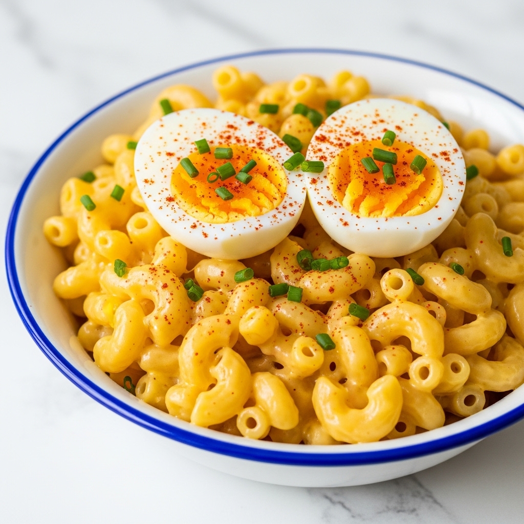 A close-up view of creamy macaroni and cheese served in a white bowl with a blue rim, showing soft elbow macaroni coated in a smooth, rich, yellow cheese sauce. On top are two halves of a hard-boiled egg, with bright yellow yolks and white edges, sprinkled with red paprika and small pieces of green chives, adding color contrast and texture. The background shows a white marbled surface, and the image highlights the glossy texture and warmth of the cheesy pasta. photo taken with an iphone --ar 4:5 --v 7
