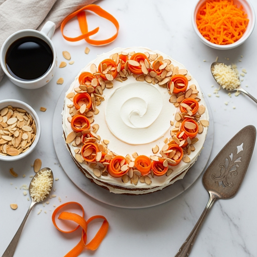 A round cake sits on a white marble surface with smooth white frosting covering the top layer. Thin, curled orange carrot ribbons are placed evenly around the top edge, interspersed with toasted almond slices forming a wreath-like border. The cake looks moist with multiple layers under the frosting. Surrounding the cake are a white bowl of almond slices, a white cup of black coffee, a spoonful of grated carrot, a spoonful of grated cheese, and scattered carrot ribbons, all arranged neatly. Next to the cake is a metal cake server with a vintage look. Photo taken with an iphone --ar 4:5 --v 7
