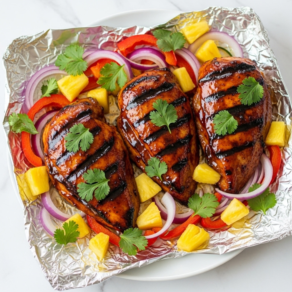 The image shows three grilled chicken breasts coated with a shiny dark brown glaze, placed on crinkled aluminum foil resting on a white plate. Surrounding the chicken are bright yellow pineapple chunks, red bell pepper pieces, and slices of purple onion, all mixed with fresh green cilantro leaves scattered on top. The chicken has visible grill marks, and the glaze appears thick and sticky, making the dish look juicy and flavorful. The background is a white marbled texture. photo taken with an iphone --ar 4:5 --v 7