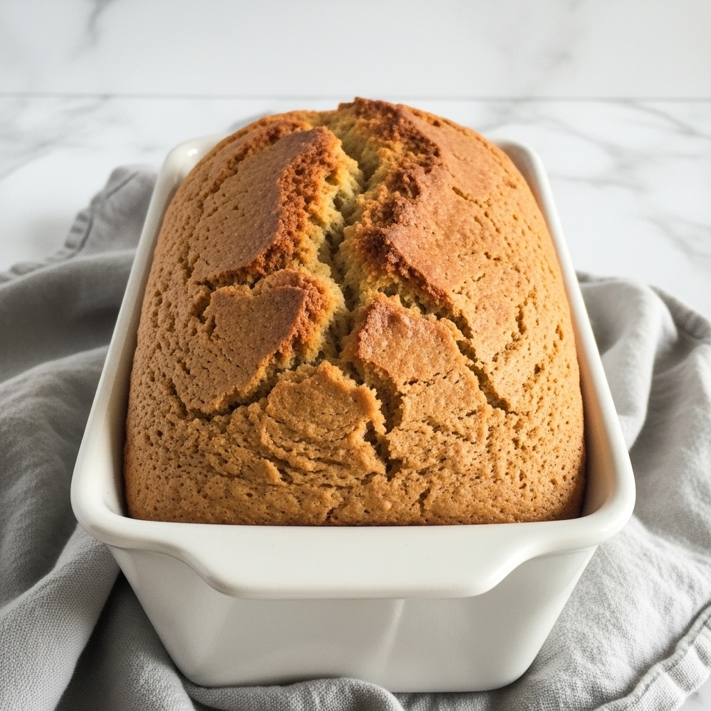 A close-up image of a golden brown baked loaf with a slightly cracked textured top, rising well above the edges of a white ceramic loaf pan. The pan is placed on top of a soft, light gray cloth that is casually spread out. The background shows a clean, white marbled surface, giving the whole setting a fresh and simple look. photo taken with an iphone --ar 4:5 --v 7