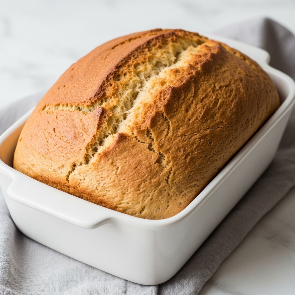 A golden-brown, freshly baked loaf with a slightly cracked top rests inside a white rectangular ceramic baking dish. The loaf has a smooth texture around the sides and a fluffy, soft appearance on top. The dish sits on a soft, light gray cloth, all placed on a white marbled surface. The lighting highlights the warm tones of the bread, making it look fresh and inviting. Photo taken with an iphone --ar 4:5 --v 7