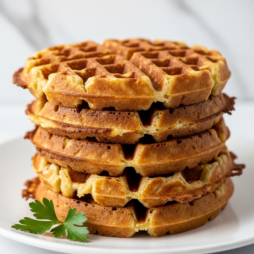 A stack of four crispy golden brown potato waffles sits on a white plate, each waffle showing a textured grid pattern with slightly darker browned edges and softer, lighter interior patches. The thick waffles have a crunchy look with some uneven, crispy bits around the sides. A small green parsley garnish rests near the bottom of the plate. The background features a white marbled surface that contrasts softly with the warm tones of the waffles. photo taken with an iphone --ar 4:5 --v 7