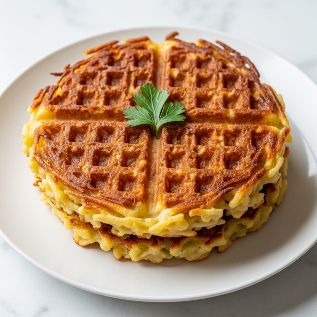 Two golden-brown waffle potato pancakes stacked on a white plate, each showing a crispy, textured surface with a grid pattern from the waffle iron. The top pancake has uneven, crunchy edges with darker browned spots, and a small green parsley leaf garnish in the center. The plate sits on a white marbled surface, and the lighting highlights the crunchy texture and soft inside of the pancakes. Photo taken with an iphone --ar 4:5 --v 7