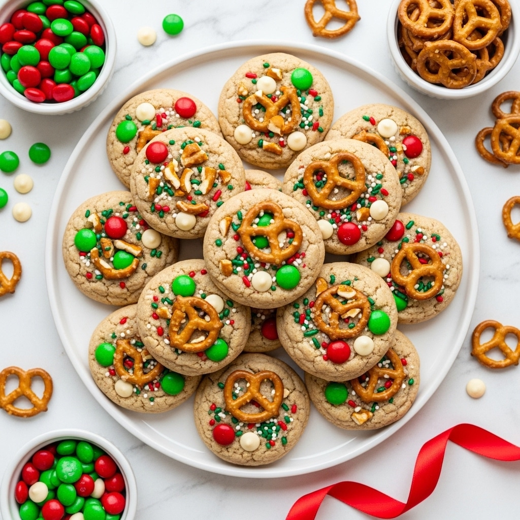 A white round plate holds a pile of about twelve thick, soft cookies with a beige base. Each cookie is decorated with red and green round candy pieces, broken pretzel bits, white chocolate chips, and red and green sprinkles scattered across the surface. The pretzel pieces show a glossy, golden brown texture. Around the plate are small white bowls filled with red and green round candies, white chocolate chips, and whole pretzels. The plate sits on a white marbled surface with a few pretzels and a red ribbon nearby. photo taken with an iphone --ar 4:5 --v 7