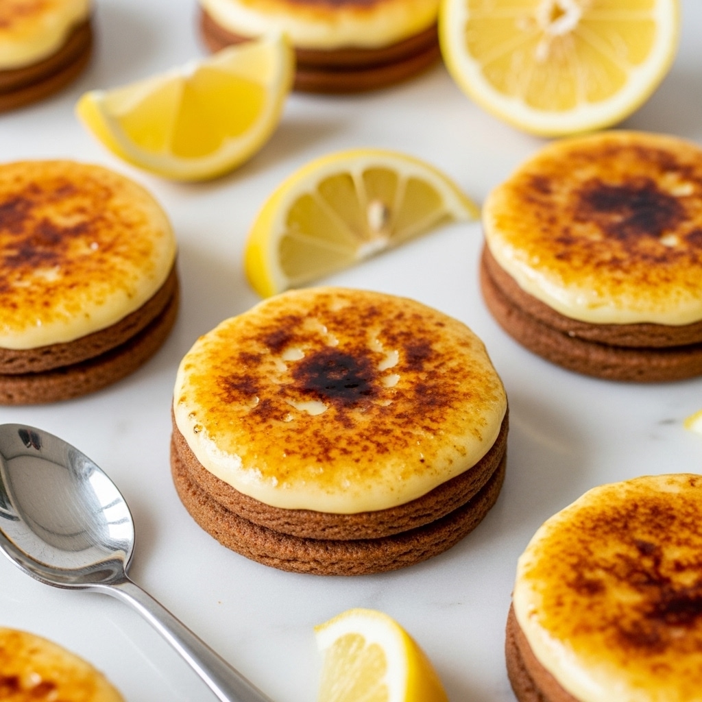 The image shows round cookies with two layers, placed on a white marbled surface. The bottom layer is a light brown cookie with a smooth texture, while the top layer is a thick, creamy yellow topping with a caramelized, slightly burnt pattern in the center. Around the cookies, there are lemon slices and wedges with a pale yellow color and a juicy texture. A shiny metal spoon is also visible near the bottom left corner. The overall scene has a bright and clean look. photo taken with an iphone --ar 4:5 --v 7